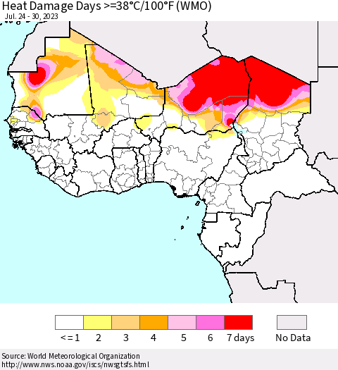 Western Africa Heat Damage Days >=38°C/100°F (WMO) Thematic Map For 7/24/2023 - 7/30/2023