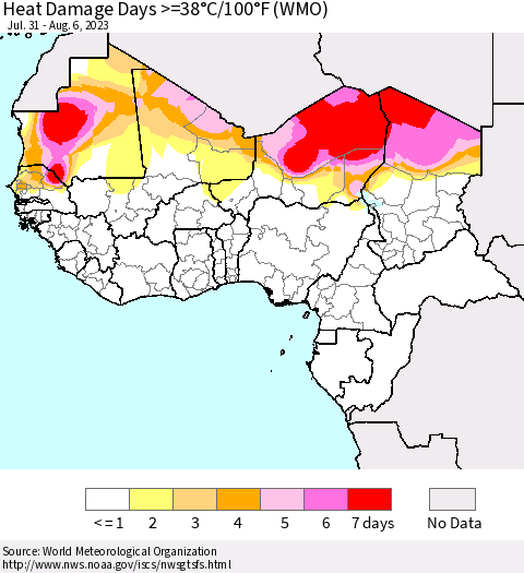 Western Africa Heat Damage Days >=38°C/100°F (WMO) Thematic Map For 7/31/2023 - 8/6/2023