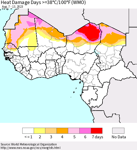 Western Africa Heat Damage Days >=38°C/100°F (WMO) Thematic Map For 8/7/2023 - 8/13/2023
