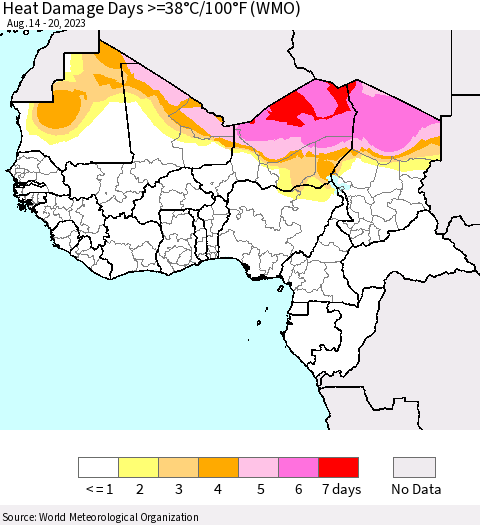 Western Africa Heat Damage Days >=38°C/100°F (WMO) Thematic Map For 8/14/2023 - 8/20/2023