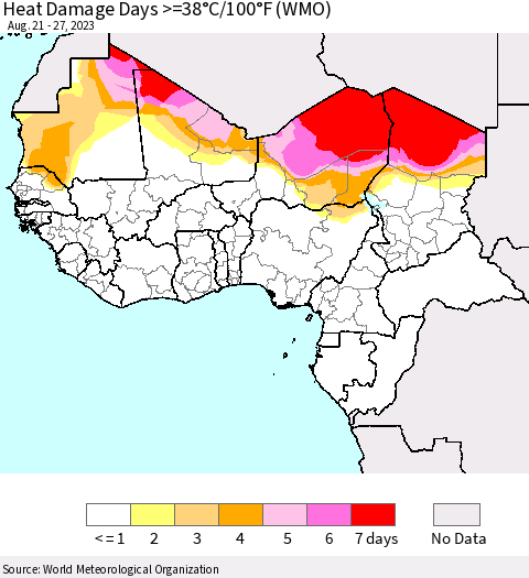 Western Africa Heat Damage Days >=38°C/100°F (WMO) Thematic Map For 8/21/2023 - 8/27/2023