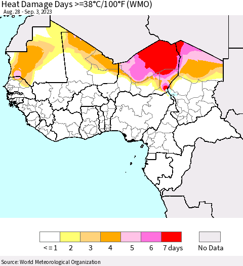 Western Africa Heat Damage Days >=38°C/100°F (WMO) Thematic Map For 8/28/2023 - 9/3/2023