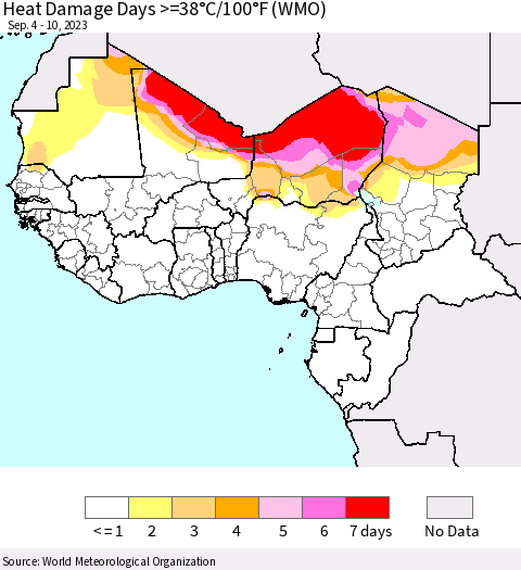 Western Africa Heat Damage Days >=38°C/100°F (WMO) Thematic Map For 9/4/2023 - 9/10/2023