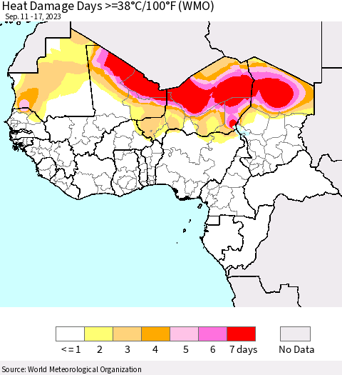 Western Africa Heat Damage Days >=38°C/100°F (WMO) Thematic Map For 9/11/2023 - 9/17/2023