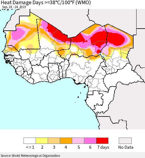 Western Africa Heat Damage Days >=38°C/100°F (WMO) Thematic Map For 9/18/2023 - 9/24/2023