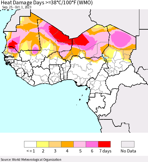 Western Africa Heat Damage Days >=38°C/100°F (WMO) Thematic Map For 9/25/2023 - 10/1/2023