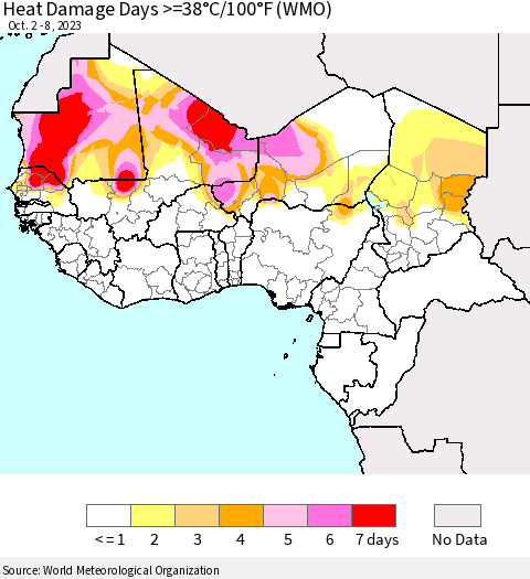 Western Africa Heat Damage Days >=38°C/100°F (WMO) Thematic Map For 10/2/2023 - 10/8/2023
