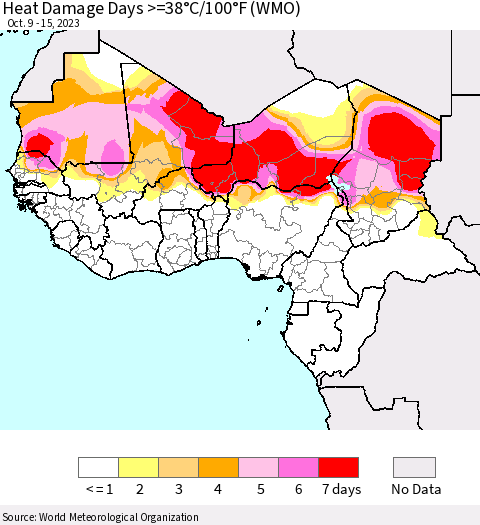 Western Africa Heat Damage Days >=38°C/100°F (WMO) Thematic Map For 10/9/2023 - 10/15/2023
