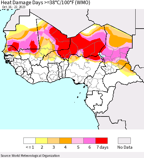 Western Africa Heat Damage Days >=38°C/100°F (WMO) Thematic Map For 10/16/2023 - 10/22/2023