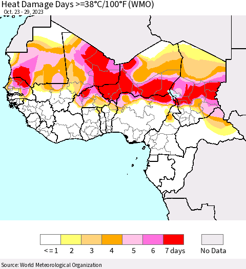 Western Africa Heat Damage Days >=38°C/100°F (WMO) Thematic Map For 10/23/2023 - 10/29/2023