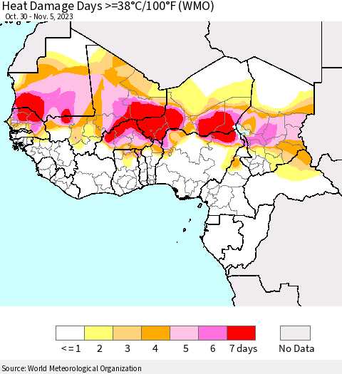 Western Africa Heat Damage Days >=38°C/100°F (WMO) Thematic Map For 10/30/2023 - 11/5/2023