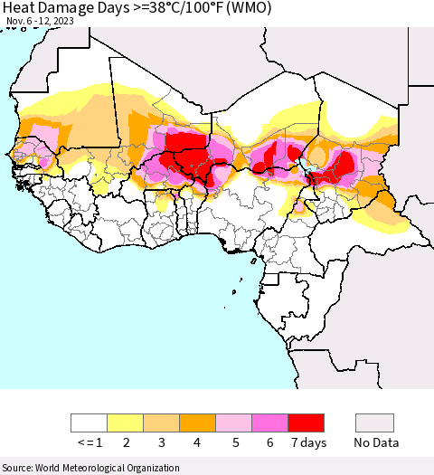 Western Africa Heat Damage Days >=38°C/100°F (WMO) Thematic Map For 11/6/2023 - 11/12/2023