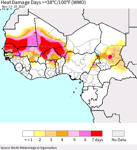 Western Africa Heat Damage Days >=38°C/100°F (WMO) Thematic Map For 11/13/2023 - 11/19/2023