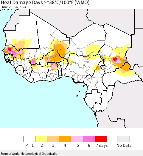 Western Africa Heat Damage Days >=38°C/100°F (WMO) Thematic Map For 11/20/2023 - 11/26/2023