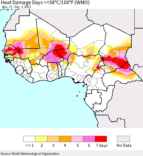 Western Africa Heat Damage Days >=38°C/100°F (WMO) Thematic Map For 11/27/2023 - 12/3/2023
