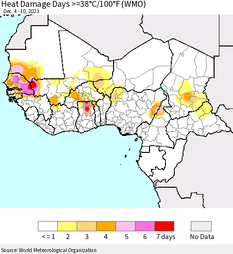 Western Africa Heat Damage Days >=38°C/100°F (WMO) Thematic Map For 12/4/2023 - 12/10/2023