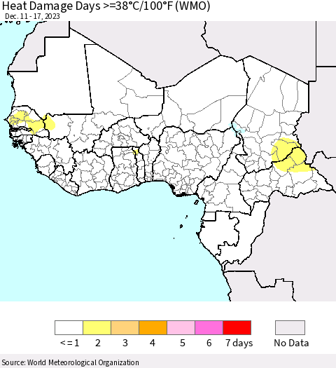 Western Africa Heat Damage Days >=38°C/100°F (WMO) Thematic Map For 12/11/2023 - 12/17/2023