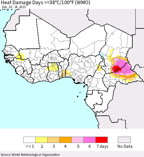 Western Africa Heat Damage Days >=38°C/100°F (WMO) Thematic Map For 12/18/2023 - 12/24/2023