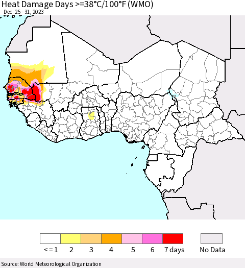Western Africa Heat Damage Days >=38°C/100°F (WMO) Thematic Map For 12/25/2023 - 12/31/2023