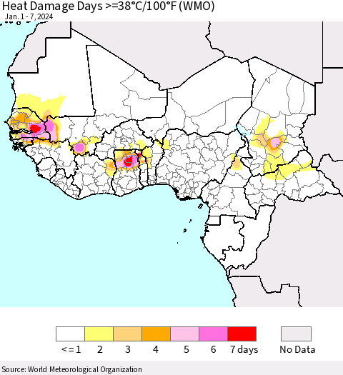 Western Africa Heat Damage Days >=38°C/100°F (WMO) Thematic Map For 1/1/2024 - 1/7/2024