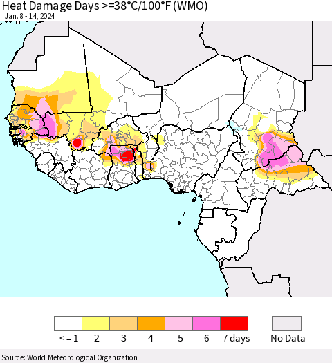 Western Africa Heat Damage Days >=38°C/100°F (WMO) Thematic Map For 1/8/2024 - 1/14/2024