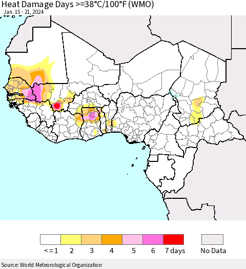 Western Africa Heat Damage Days >=38°C/100°F (WMO) Thematic Map For 1/15/2024 - 1/21/2024