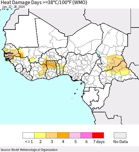 Western Africa Heat Damage Days >=38°C/100°F (WMO) Thematic Map For 1/22/2024 - 1/28/2024