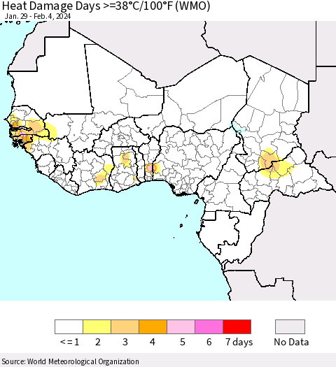 Western Africa Heat Damage Days >=38°C/100°F (WMO) Thematic Map For 1/29/2024 - 2/4/2024