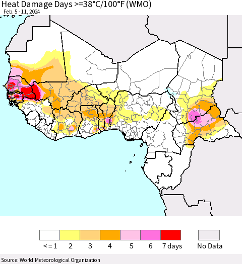 Western Africa Heat Damage Days >=38°C/100°F (WMO) Thematic Map For 2/5/2024 - 2/11/2024