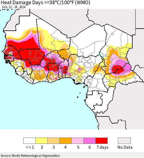 Western Africa Heat Damage Days >=38°C/100°F (WMO) Thematic Map For 2/12/2024 - 2/18/2024