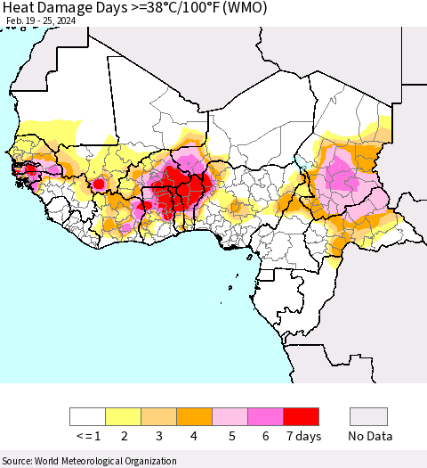 Western Africa Heat Damage Days >=38°C/100°F (WMO) Thematic Map For 2/19/2024 - 2/25/2024
