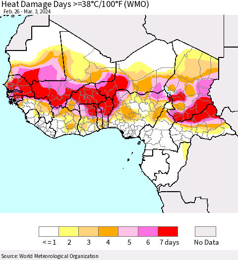 Western Africa Heat Damage Days >=38°C/100°F (WMO) Thematic Map For 2/26/2024 - 3/3/2024