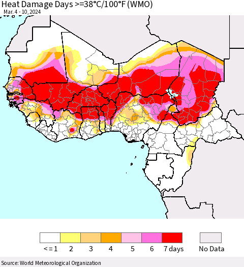Western Africa Heat Damage Days >=38°C/100°F (WMO) Thematic Map For 3/4/2024 - 3/10/2024