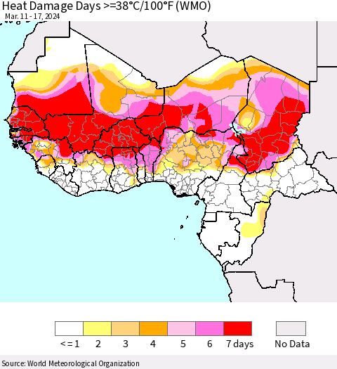 Western Africa Heat Damage Days >=38°C/100°F (WMO) Thematic Map For 3/11/2024 - 3/17/2024