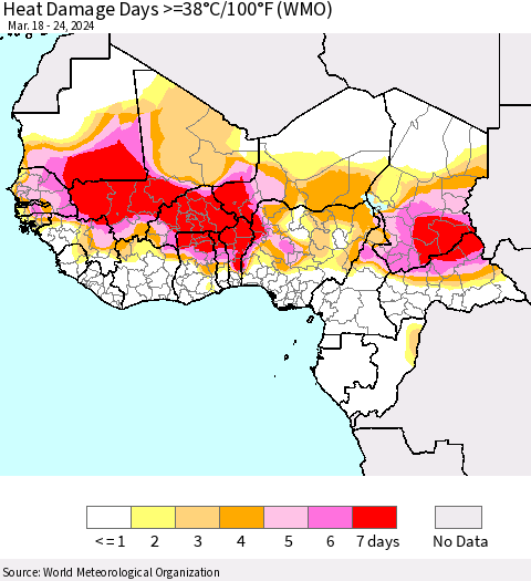 Western Africa Heat Damage Days >=38°C/100°F (WMO) Thematic Map For 3/18/2024 - 3/24/2024