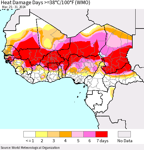 Western Africa Heat Damage Days >=38°C/100°F (WMO) Thematic Map For 3/25/2024 - 3/31/2024
