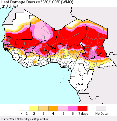 Western Africa Heat Damage Days >=38°C/100°F (WMO) Thematic Map For 4/1/2024 - 4/7/2024