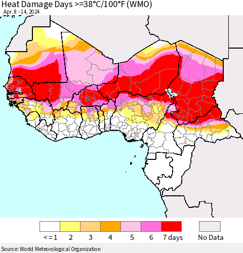 Western Africa Heat Damage Days >=38°C/100°F (WMO) Thematic Map For 4/8/2024 - 4/14/2024