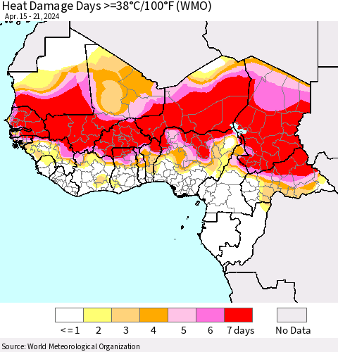 Western Africa Heat Damage Days >=38°C/100°F (WMO) Thematic Map For 4/15/2024 - 4/21/2024