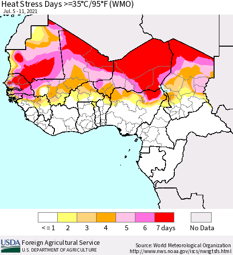 Western Africa Heat Stress Days >=35°C/95°F (WMO) Thematic Map For 7/5/2021 - 7/11/2021