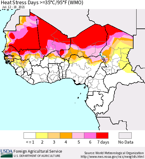 Western Africa Heat Stress Days >=35°C/95°F (WMO) Thematic Map For 7/12/2021 - 7/18/2021