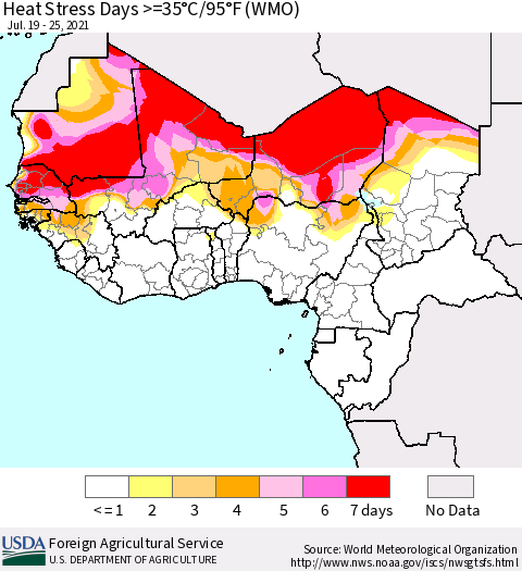 Western Africa Heat Stress Days >=35°C/95°F (WMO) Thematic Map For 7/19/2021 - 7/25/2021