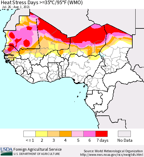 Western Africa Heat Stress Days >=35°C/95°F (WMO) Thematic Map For 7/26/2021 - 8/1/2021
