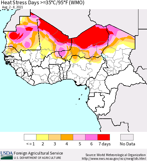 Western Africa Heat Stress Days >=35°C/95°F (WMO) Thematic Map For 8/2/2021 - 8/8/2021