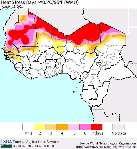 Western Africa Heat Stress Days >=35°C/95°F (WMO) Thematic Map For 8/9/2021 - 8/15/2021