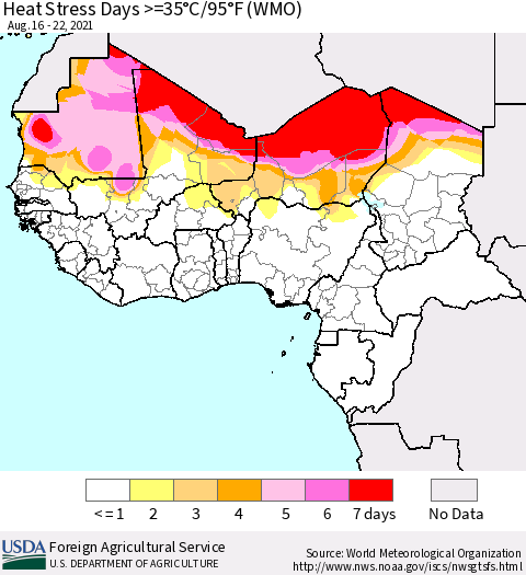 Western Africa Heat Stress Days >=35°C/95°F (WMO) Thematic Map For 8/16/2021 - 8/22/2021