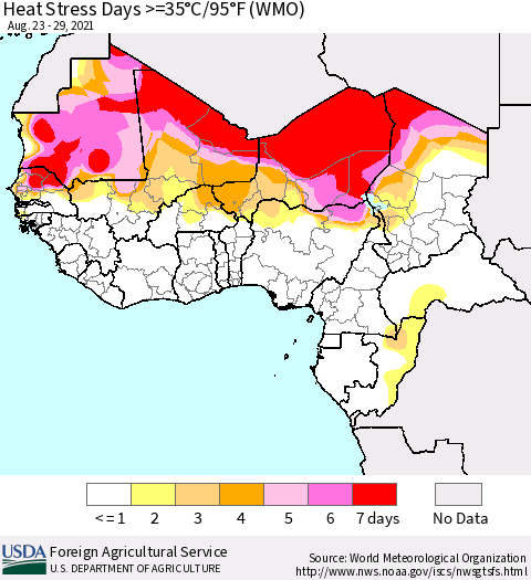 Western Africa Heat Stress Days >=35°C/95°F (WMO) Thematic Map For 8/23/2021 - 8/29/2021
