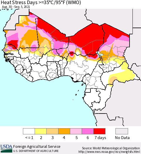 Western Africa Heat Stress Days >=35°C/95°F (WMO) Thematic Map For 8/30/2021 - 9/5/2021