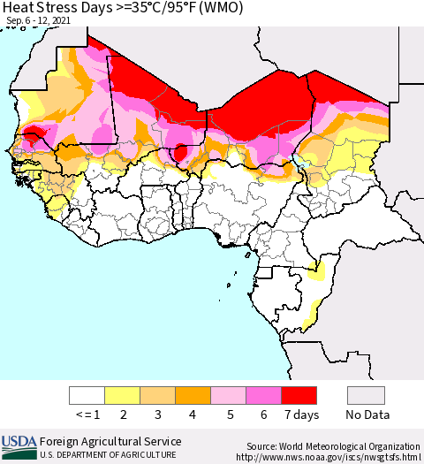 Western Africa Heat Stress Days >=35°C/95°F (WMO) Thematic Map For 9/6/2021 - 9/12/2021