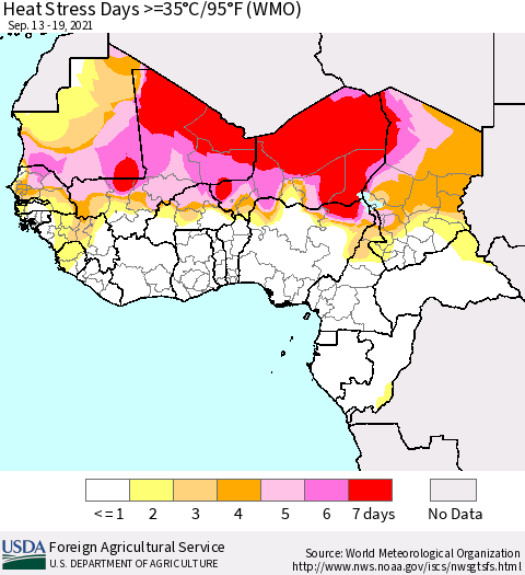 Western Africa Heat Stress Days >=35°C/95°F (WMO) Thematic Map For 9/13/2021 - 9/19/2021